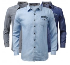 Men Spring Denim Polyester Turn-down Collar Long Sleeve Solid Color Shirt